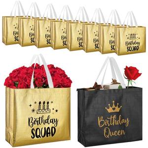 lot 22630 image: Clysee 10 Pack Reusable Birthday Squad Birthday Queen Gift Bag with Handle Large Tote Bag for Women(Gold, Black)