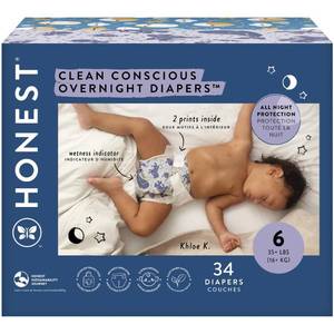 lot 24319 image: The Honest Company Clean Conscious Overnight Diapers for Sensitive Skin  Hypoallergenic, Fragrance Free  Cozy Cloud  Star Signs  Club Box, Size 6 (35 lbs), 34 Count