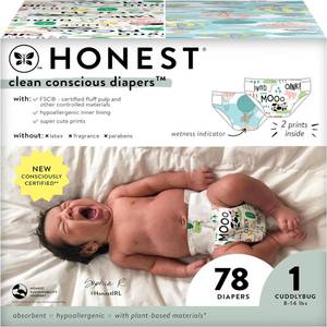 lot 24320 image: The Honest Company Clean Conscious Diapers for Sensitive Skin  Hypoallergenic, Fragrance Free  Gender Neutral Prints  Club Box, Size 1 (8-14 lbs), 78 Count