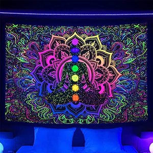 lot 24335 image: Blacklight Seven Chakra UV Reactive Bohemian Mandala Tapestry Wall Hanging for Yoga Room, Boho Bedroom, Living Room, Dorm - 71 x 60 Inch