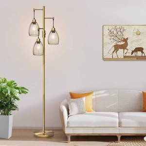 lot 24345 image: Dimmable Floor Lamp, 3 x 800LM LED Edison Bulbs Included, Farmhouse Industrial Floor Lamp Standing Tree Lamp with Elegant Teardrop Cage Tall Lamps for Living Room Bedroom Office Dining Room-Brass