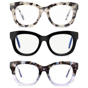 lot 24356 image: LADEESSE Readers for Women Oprah Style 3 Pack Square Reading Glasses with Spring Hinge Blue Light Blocking Ladies (BlackGreyBlue, 2.00)