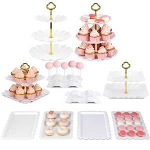 lot 24417 image: Pack of 10 NWK Cake Stand, Cupcake Stand, with 2x Large 2-Tier Cupcake Stands, 2x Large 3-Tier Cupcake Stands, 4 x Appetizer Trays, 2 x Cake Pop Stands, for Birthday Baby Shower Party Decorations (Gold) - Incomplete