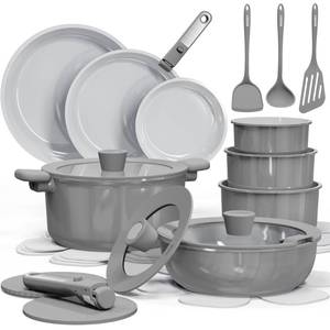 lot 24422 image: CAROTE Ceramic Cookware Set Nonstick, Pots and Pans Set Non stick, Non Toxic Cookware, DishwasherOven Safe, RVCamping Cookware Set, Pan and Pot with Kitchen Utensils, Dark Gray - Retail $181.65