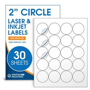 lot 24446 image: 2 Circle Printable Labels Compatible with Inkjet and Laser Printers - 30 Sheets, 6000 Matte White Round Stickers for Product Labeling, Packaging, Organization - Spartan Industrial