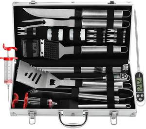 lot 24450 image: Grilljoy 24PCS BBQ Grill Tools Set with Meat Thermometer and Injector - Extra Thick Stainless Steel Fork, Spatula& Tongs - Complete BBQ Accessories in Aluminum Case - Perfect Grill Gifts for Men