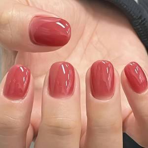 lot 24493 image: GLAMERMAID Press on Nails Extra Short Squoval, Spring Summer Brick Red Jelly Gel Glue on Nails, 24Pcs Glossy Round Reusable UV Finish Fake Nails Acrylic False Nails Manicure Kits for Women