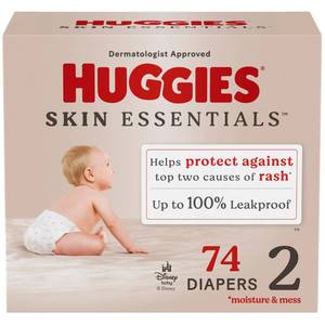 lot 24516 image: Huggies Size 2 Diapers, Skin Essentials Baby Diapers, Size 2 (12-18 lbs), 74 Count, Packaging May Vary