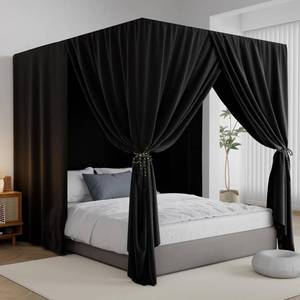 lot 24517 image: CFFNCH Black Canopy Bed Curtains - 4 Corner Post Bed Curtains Queen Lightproof Drapes Bed Canopy Curtains with Tie Backs for Adults & Girls Bedroom Decoration(Black,Queen)