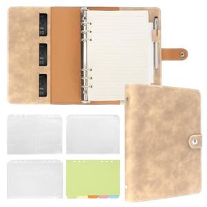lot 24529 image: FYY Leather A5 Binder Notebook - Refillable 6 Ring Planner With Pockets, Dividers, Refill Paper - PU Leather Travel Journal Cover in Khaki