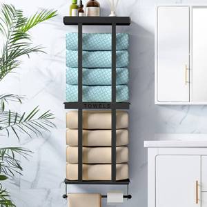 lot 24550 image: XWF Bathroom Towel Storage Rack - Wall Mounted Metal Bathroom Organizer,Wall Mounted Roll Towel Rack 30-Inch with Shelf for 6 Large Towels (Black)