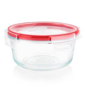 lot 4453 image: Pyrex Freshlock 4 Cup Round Food Storage Container Glass Container with Lid, Oven and Microwave Safe, ClearRed