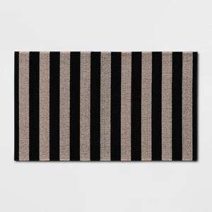 lot 4461 image: 16inx26in Striped Micro Poly Loop Floormat BlackWhite - Room Essentials� Indoor Kitchen and Bathroom Floor Mat