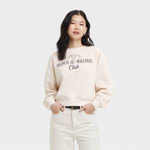 lot 4464 image: Womens Brunch and Wellness Cropped Fleece Graphic Sweatshirt - Beige S Modern Lux, Cotton-Polyester, Crew Neck