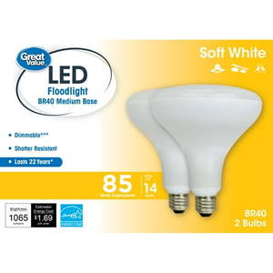 lot 6380 image: Great Value LED Light Bulb 14 Watts (85W Equivalent) BR40 Floodlight Lamp E26 Medium Base Dimmable Soft White 2-Pack