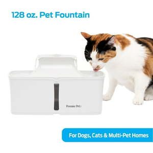 lot 6385 image: Premier Pet 128 oz. Pet Fountain- Automatic water fountain for dogs cats and multi-pet homes filtered water promotes hydration adjustable water flow sleek compact easy to clean filters included