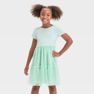 lot 6413 image: Girls Striped Short Sleeve Knit to Tulle Tiered Dress - Cat and Jack� Pale Green L Cotton Blend, Adjustable Waistband, Pullover Style