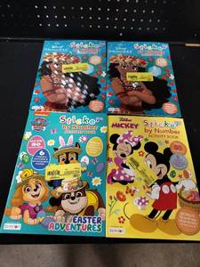 lot 6422 image: Disney Character Sticker by Number Activity Books Bundle - Princess, Paw Patrol, Mickey 4 Pack