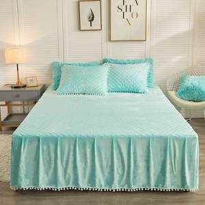 lot 6473 image: LIFEREVO Luxury Pom Poms Velvet Bed Skirt, Velvet Wrap Around Bed Skirt, Diamond Quilted Fitted Bed Sheet Bedskirt, 18 Inch Drop Dust Ruffle Decorative Bedspread Pompoms Fringe(TwinTwin XL, Mint)