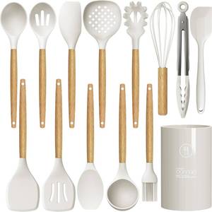 lot 6486 image: Silicone Cooking Utensils Set - 446°F Heat Resistant Silicone Kitchen Utensils for Cooking,Kitchen Utensil Spatula Set w Wooden Handles and Holder for Non-Stick Cookware, BPA FREE (Cream White)