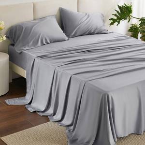 lot 6494 image: Bedsure Queen Sheets, Rayon Derived from Bamboo, Queen Cooling Sheet Set, Deep Pocket Up to 16in, Breathable and Soft Bed Sheets, Hotel Luxury Silky Bedding Sheets and Pillowcases, Silver Grey
