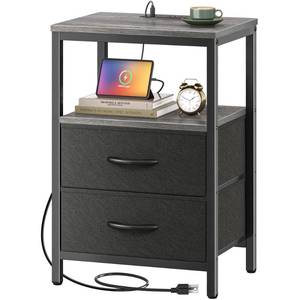 lot 1370 image: Huuger Nightstand with Charging Station, Side Table with Fabric Drawers, End Table with Open Shelf, Bedside Table with USB Ports and Outlets, Night Stand for Bedroom, Charcoal Gray