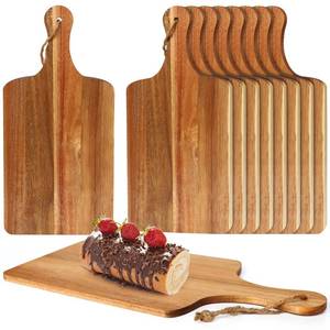 lot 1376 image: A 10 Packs Acacia Wood Cutting Board, 15 x 7 Inch Plain Chopping Board with Handles Large Serving Board Wooden Kitchen Cutting Board Bulk with Ropes for Vegetables Meat Pizza Cheese Fruit Bread