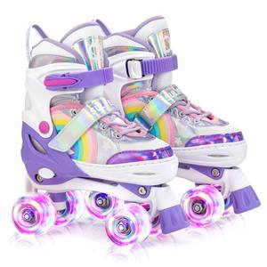 lot 1379 image: SULIFEEL Rainbow Unicorn 4 Size Adjustable Light up Roller Skates for Girls Boys for Kids Purple Small