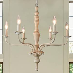 lot 1386 image: Fminlla 6 Light Farmhouse French Country Chandelier Light Fixture Modern Candle Style Chandelier Distressed White Wood Chandeliers for Dining Room, Kitchen Island, Living Room,Bedroom, E12 - Retail $104.86