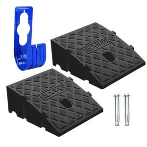 lot 1400 image: A 2Pack Curb Ramp Black Color with one Large Hose Hook, Portable Lightweight Heavy Duty Plastic Driveway Curb Ramps for Low Cars,Motorcycle Ramp,Curb Ramps (5.12 inch High)
