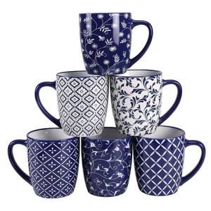 lot 1402 image: Schliersee 18 OZ Large Coffee Mugs Set of 6, Ceramic Mug for Man Woman, Blue White Geometric Floral Porcelain Cup for Latte, Hot Tea, Cappuccino, Mocha, Cocoa, Housewarming Wedding Mug Present