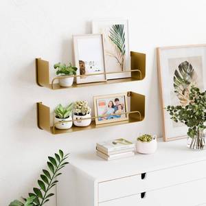 lot 1409 image: Gold Wall Shelf, Modern Floating Gold Bathroom Shelf With Guardrail, Upgrade U-Shaped Wall Mounted Metal Shelves for Kitchen, Living Room, Bedroom, Set 0f 2 Shelves for Home Storage and Organizer
