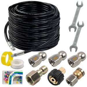 lot 1411 image: Hourleey Sewer Jetter Kit for Pressure Washer 100FT, Drain Cleaner Hose 14 Inch NPT, Orifice 4.0 Button Nose and Rotating Sewer Jetting Nozzle Spanner Tape Pearl Corsage Pin, 4000 PSI