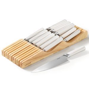 lot 1432 image: CAROTE 12PCS Knife Set, Stainless Steel Kitchen Knife Set with Drawer Store Kinife Organizer, Cutlery Set with Block, Dishwasher Safe, White (Include Knives)