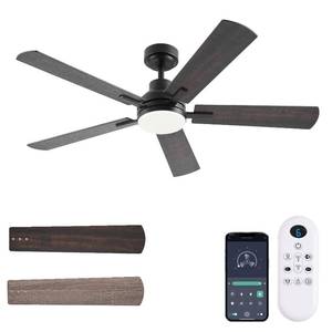 lot 1434 image: JSAITEE 52 Inch Smart Ceiling Fan with Lights, Remote and App Control, DC Reversible Motor, 8 Speeds Quiet 35dB, 3CCT Dimmable LED, Low Profile Modern Ceiling Fans for Bedroom Living Room, Brown - Retail $89.43