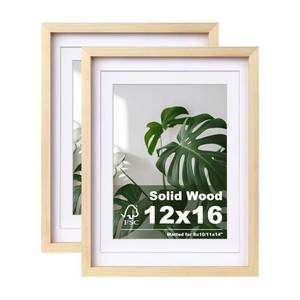 lot 1435 image: Egofine 12x16 Picture Frames Natural Wood Set of 2 - Solid Wood Frames With Plexiglass Front, Display 9x12 or 11x14 with Mat for Table Top and Wall Mounting