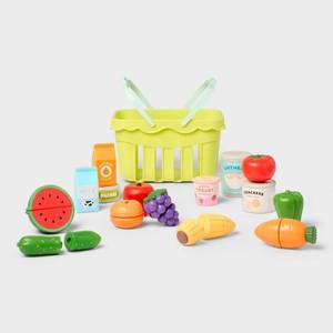 lot 2286 image: Grocery Basket with Play Food- 18 Piece - Gigglescape� Plastic, Ages 2, Includes Play Fruit and Vegetables