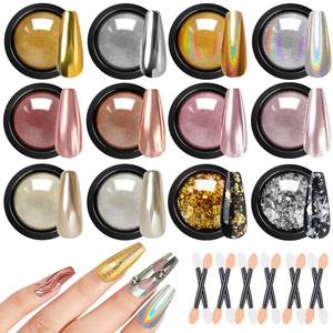 lot 2343 image: Gold Silver Chrome Nail Powder - Iridescent Holographic Unicorn Powder for Nails - Metallic Mirror Effect Rose Gold Champagne Pigment Glitter Foils Flakes Nail Art