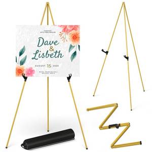 lot 2419 image: Display Artist Easel Stand - 63in Instant Tripod Collapsible Portable Floor Easel - Easy Folding Adjustable Art Poster Metal Stand for Display Show, Wedding, Painting - Gold
