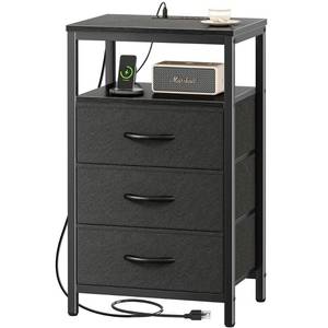 lot 3671 image: Huuger Nightstand with Charging Station, 27.6 Inch Side Table with Fabric Drawers, End Table Bedside Table with USB Ports and Outlets, Night Stand for Bedroom, Black