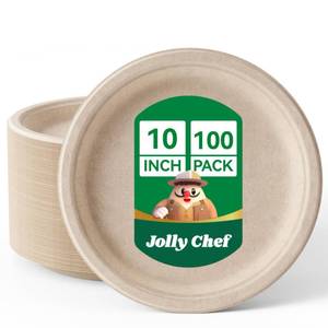 lot 3678 image: JOLLY CHEF Compostable Heavy Duty Plates     Eco-Friendly Disposable Natural Paper Plate Bagasse Biodegradable Food Tray Bulk for Party Dinner Sugarcane Fibers Round(Brown)