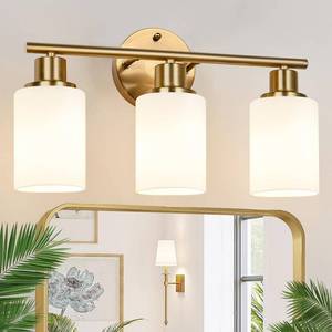 lot 3688 image: Zarbitta 3-Light Bathroom Light Fixtures, Brushed Gold Vanity Light, Farmhouse Wall Lights with Milky White Frosted Glass Shades, Bathroom Wall Lamp for Mirror Kitchen Bedroom Hallway Living Room