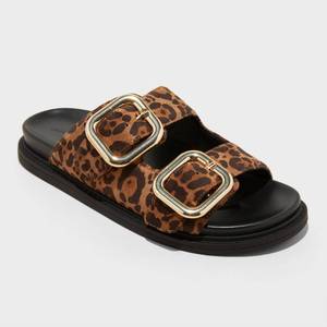 lot 3699 image: Womens Collin Slide Sandals - Universal Thread� Brown Leopard 7 Open Toe, Cushioned Insole, Faux Suede
