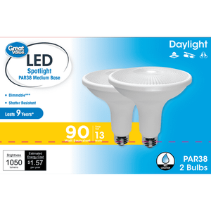 lot 4413 image: Great Value LED Light Bulb 13.5 Watts (90W Equivalent) PAR38 Floodlight Lamp E26 Medium Base Dimmable Daylight 2-Pack