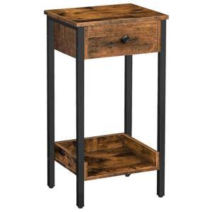 lot 9472 image: HOOBRO Tall End Table, Nightstand, Industrial Side Table with Drawer and Storage Shelf, for Study, Bedroom, Space Saving, Rustic Brown and Black BF71BZ01
