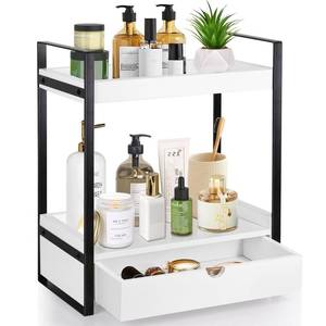 lot 9480 image: 2-Tier Wooden Counter Shelf with Drawer, Vanity Tray for Organization and Decor, Countertop Organizer for Bathroom and Kitchen