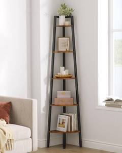 lot 9483 image: Hoctieon Corner Shelf, 5-Tier Corner Bookshelf, Rustic Ladder Shelf, Industrial Display Stand for Living Room, Kitchen, Home Office, Balcony, Small Space, Metal Frame, Rustic Brown