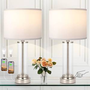 lot 9495 image: Nickel Bedroom Lamps Set of 2 - Touch Bedside Lamp for Night Stands with USB CA, 3 Way Dimmable Nightstand Table Lamps for Living Room, Modern Glass Lamp for Bed Side Guest Room - Retail $78.74