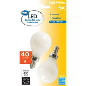 lot 10382 image: Great Value LED 4W (40W Eqv) A15 Frosted Lamp E12 Candelabra Base Dimmable Soft White 2pk