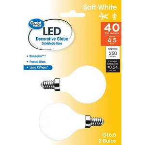 lot 10391 image: Great Value LED 4.5W (40W Eqv) G16 Globe E12 Candelabra Base Dimmable Soft White 2pk
